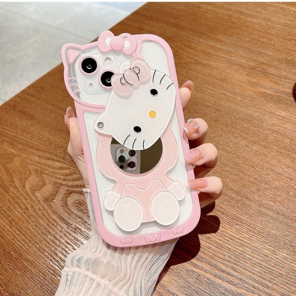 HELLO KITTY PHONE CASE WITH MIRROR CUTE PINK WHITE IPHONE 15 PLUS 6.7 INCHES NEW - Picture 3 of 8